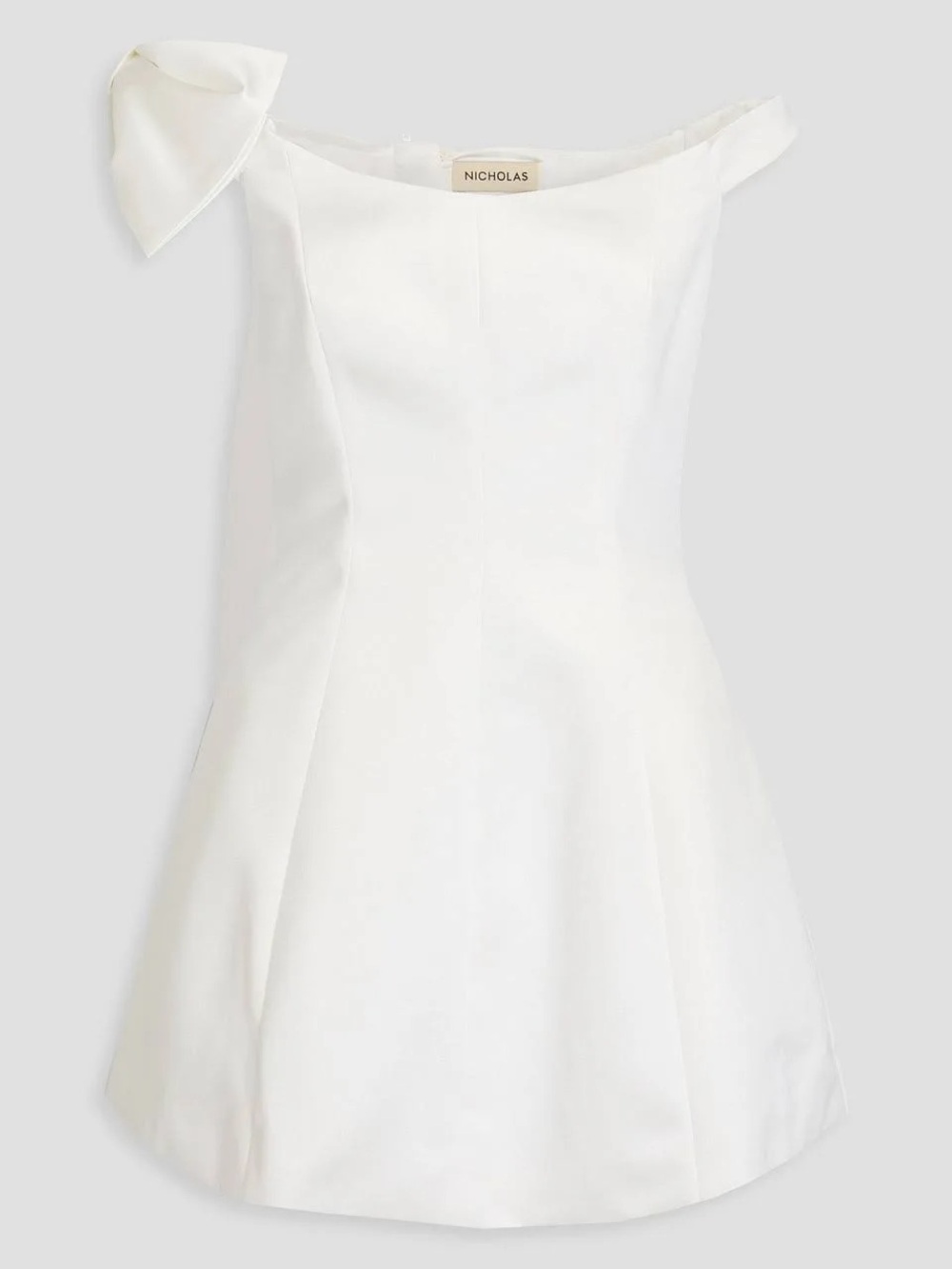 NICHOLAS Lilly White Off-Shoulder Satin Mini Dress with Bow Shoulder - Picture 2 of 3